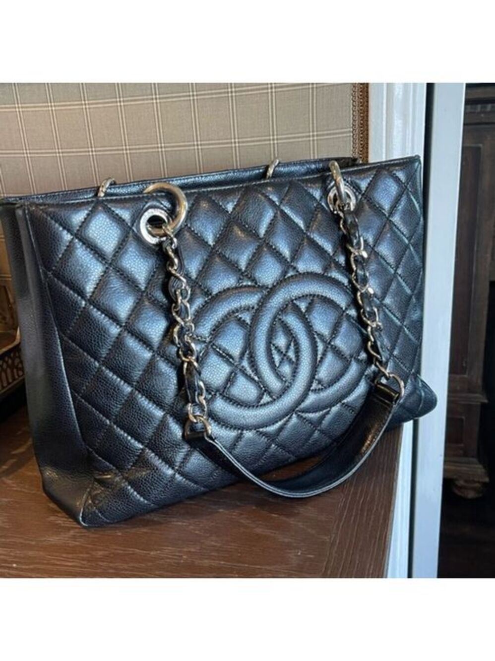 CHANEL Black Quilted Caviar Leather Tote with Interlocking CC